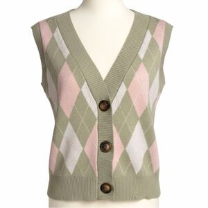 Haute Monde Sweater Vest Argyle Button Front Green Pink Beige M